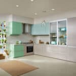white sleek modular kitchen, wooden look