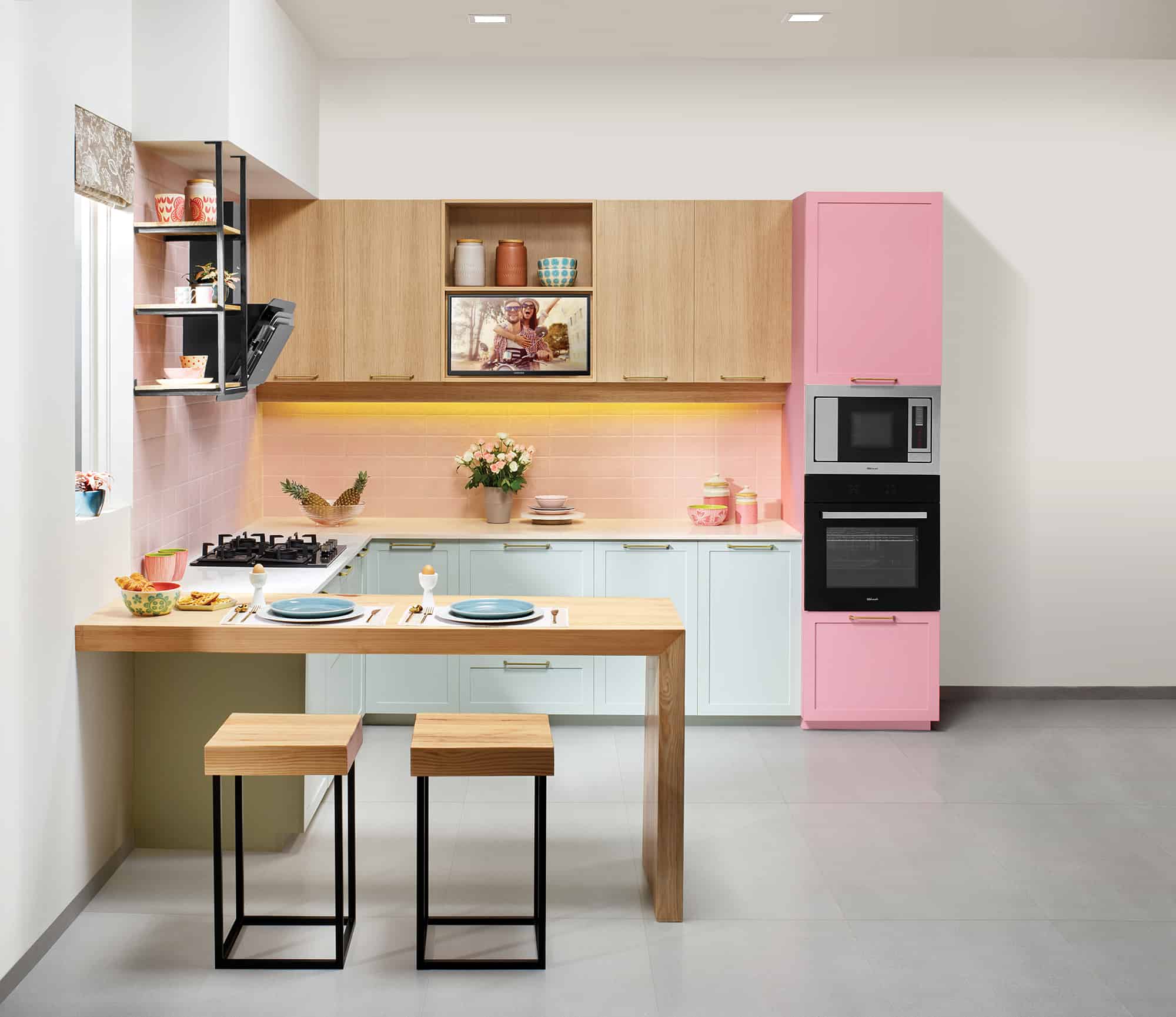 Kitchen setup by Sleek modular kitchen in color variant pink and blue