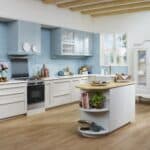 vintage sleek modular kitchen with blue brick wall