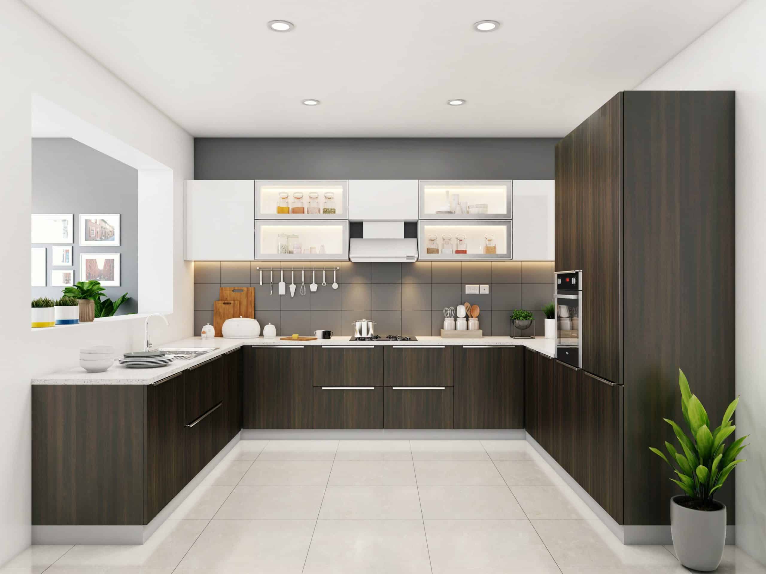 brown coloured factory made modular kitchen with sleek finish which is difficult to achieve in carpenter made kitchen 
