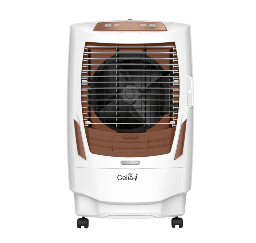 front look of desert air cooler with unique fan design, ice chamber and collapsible louvers