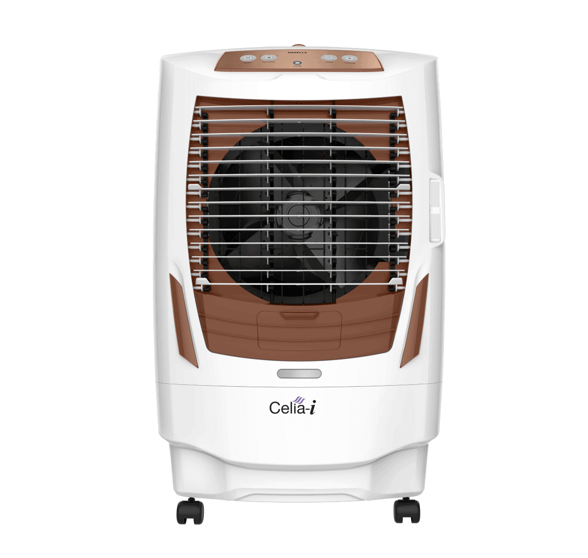 front look of Havells desert air cooler, white and brown cooler with ice chamber and collapsible louvers 