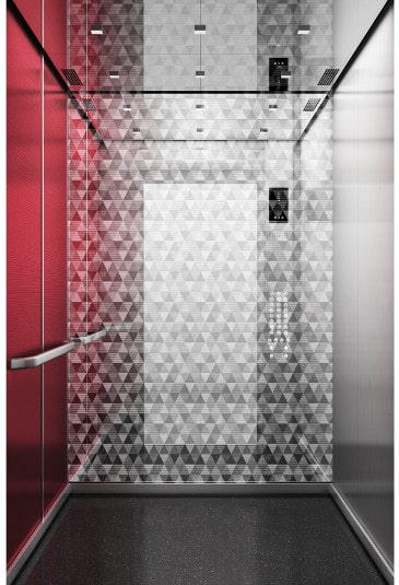 KONE N Monospace lifts with one wall red, another grey and the third one with translucent mosaic texture