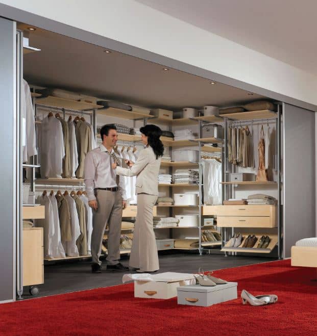 Hafele Walk-in open closet design wardrobe system with shelves and drawers