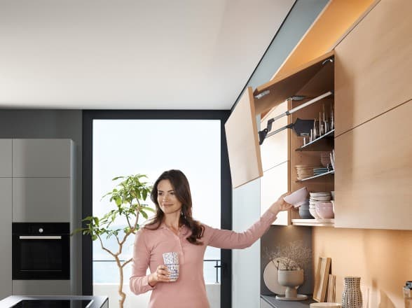 Blum design wall cabinet with lift system for storage in the kitchen 