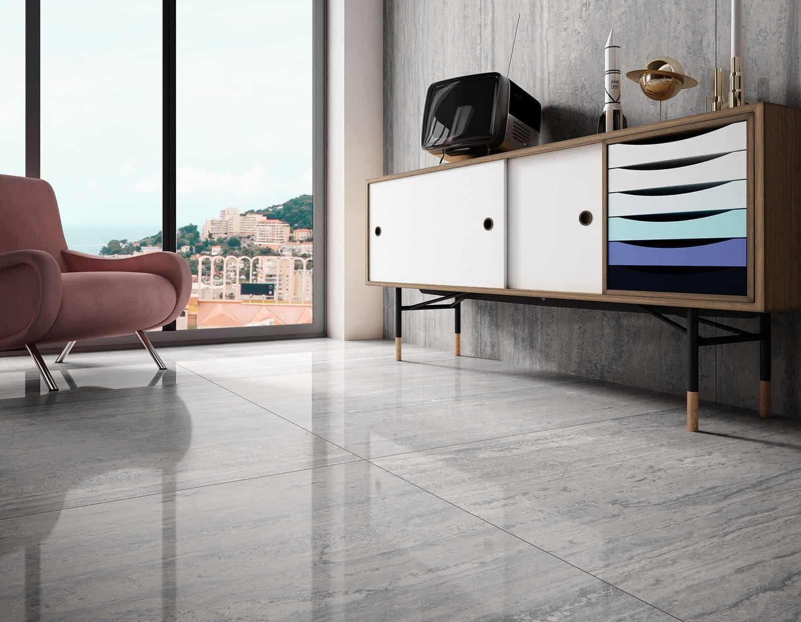 RAK Porcelain-tile Maximus Travertino luxury grey porcelain tiles for floor & kitchen slabs at lowest price.