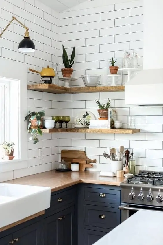 open shelves with backsplash