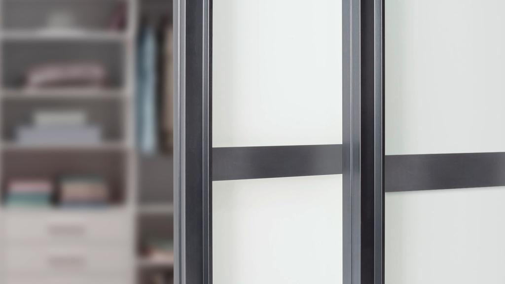 dark grey frame with white surface for walk-in storage and sliding wardrobe door