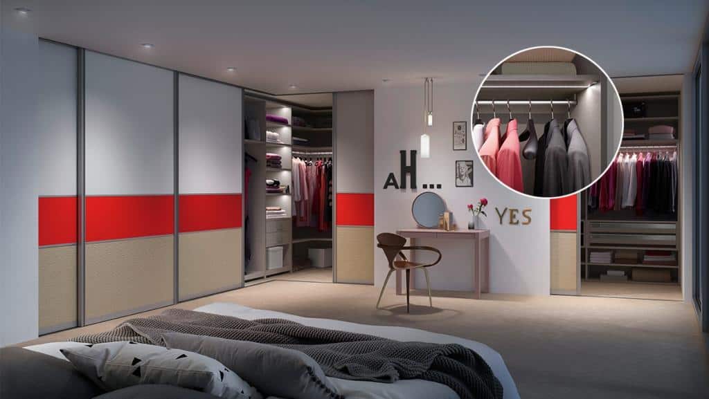 lighting for walk-in storage and wardrobe door space with panels in white, red, and mustard colour