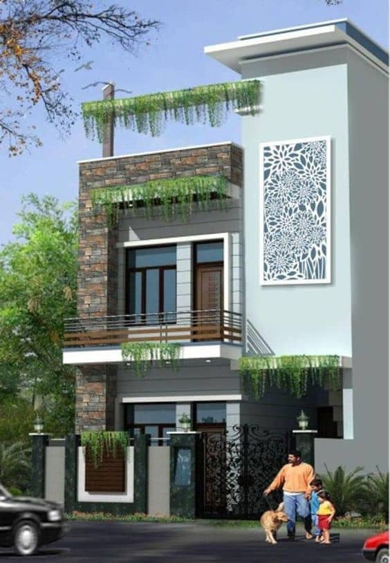 natural look house front elevation design images with greenery
