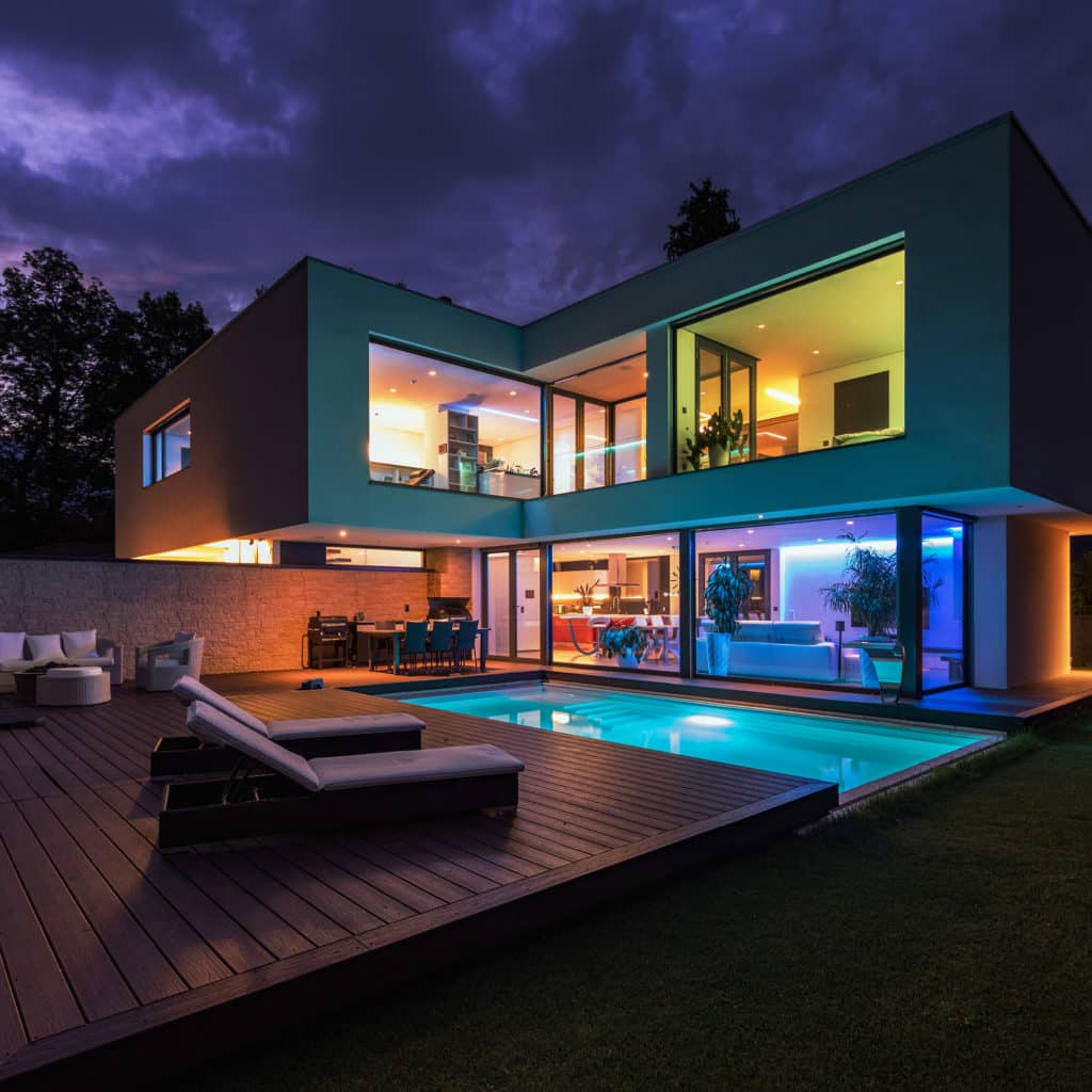 Smart lights for a villa with swimming pool and colour changing lights for each room