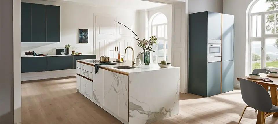modular kitchen with white and grey marble surface by leading ceramics manufacturer- villeroy & bosch