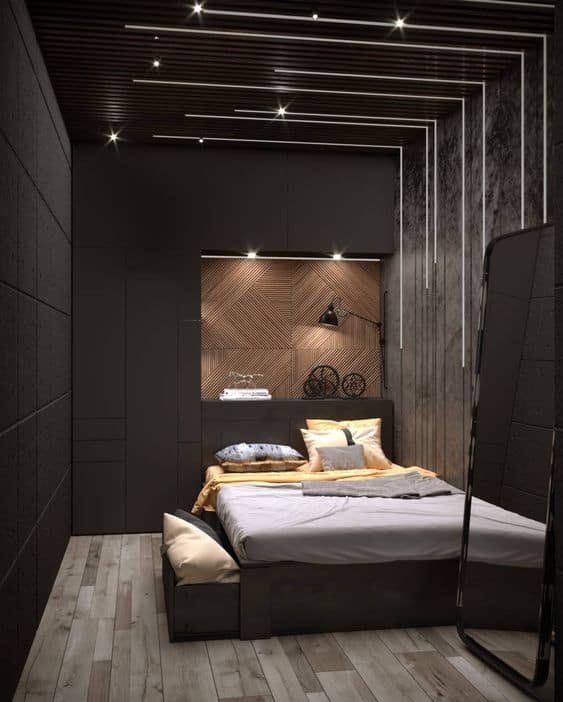 black bedroom false ceiling with white patterns