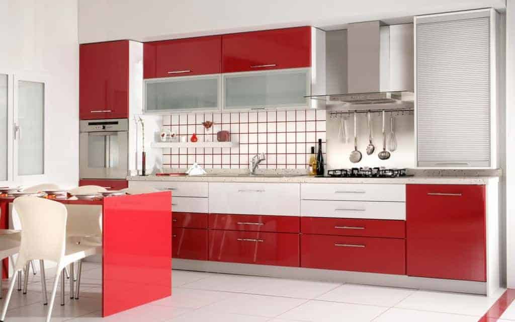 white and red finish for countertops and cabinets