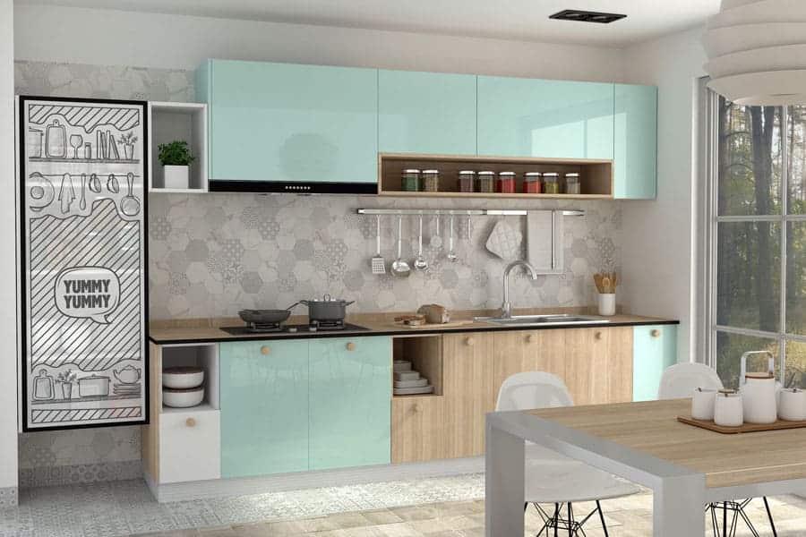 laquer kitchen material finish in light blue colour
