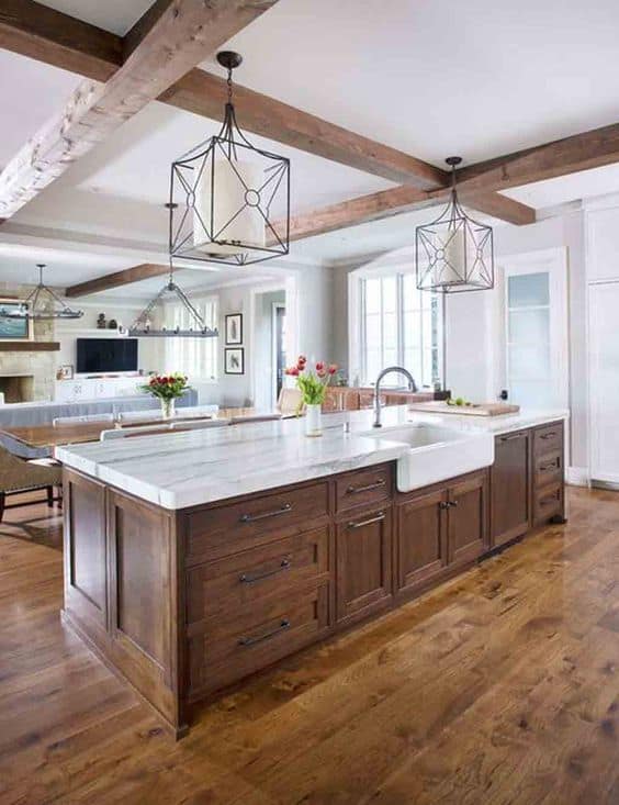 wood and gypsum kitchen ceiling design with wooden furniture and flooring