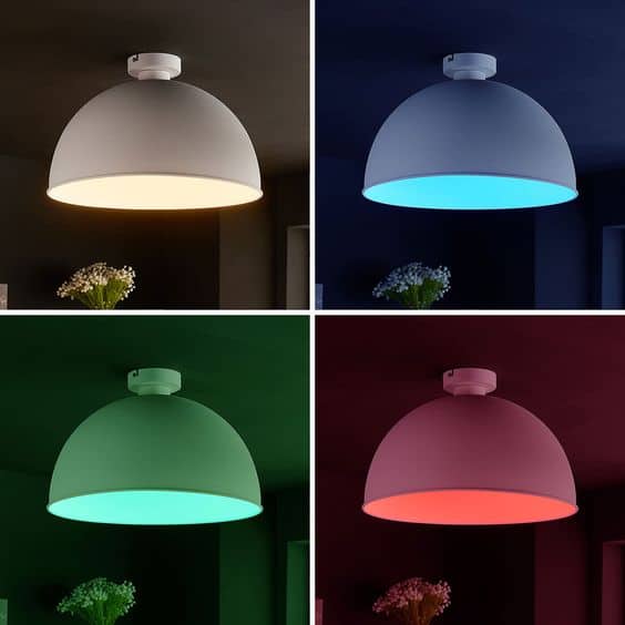 Colour changing luminaires and LED bulbs in white, blue, green, and red shades