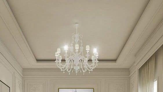 layered living room false ceiling design with chandelier