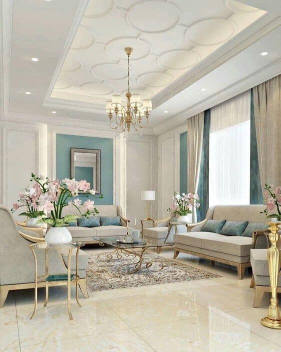 layered ceiling with wallpaper and chandelier for living room in white and blue shades