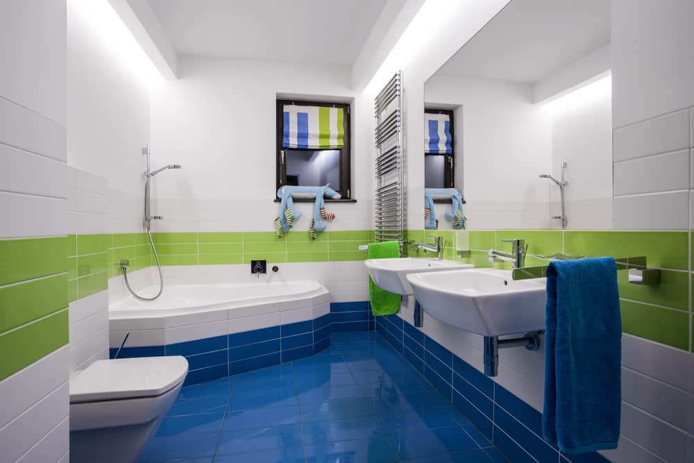blue, white, and green washroom
