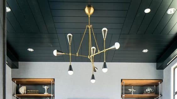 black planks on office ceiling design with modern pendant lighting