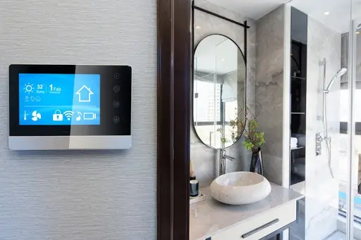 Smart home automation system on intelligence screen on the wall and background of modern bathroom