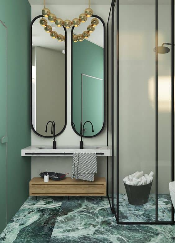bathroom vanity mirror setup with tiles