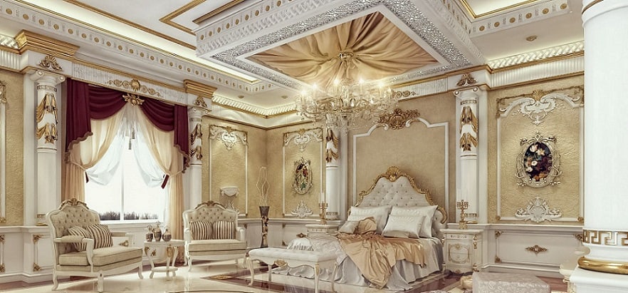 Premium AI Image | Luxury bedroom modern interior design Royal room with  beige bed ottoman and sofa parquet chandelier and rich decor Contemporary  home space with furniture illustration background Generative AI