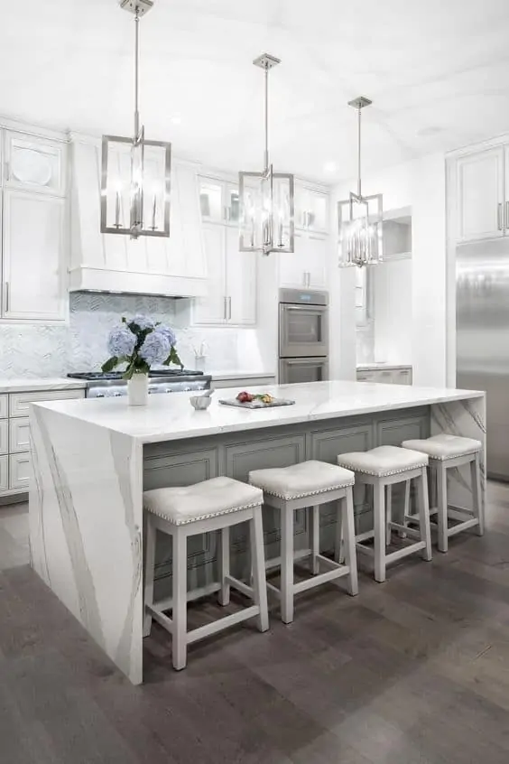 white quartz countertop for kitchen with pendant lights