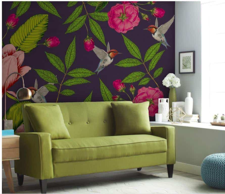 Warbled Verdure with green leaves and pink flowers wallpaper on the walls of a modern home