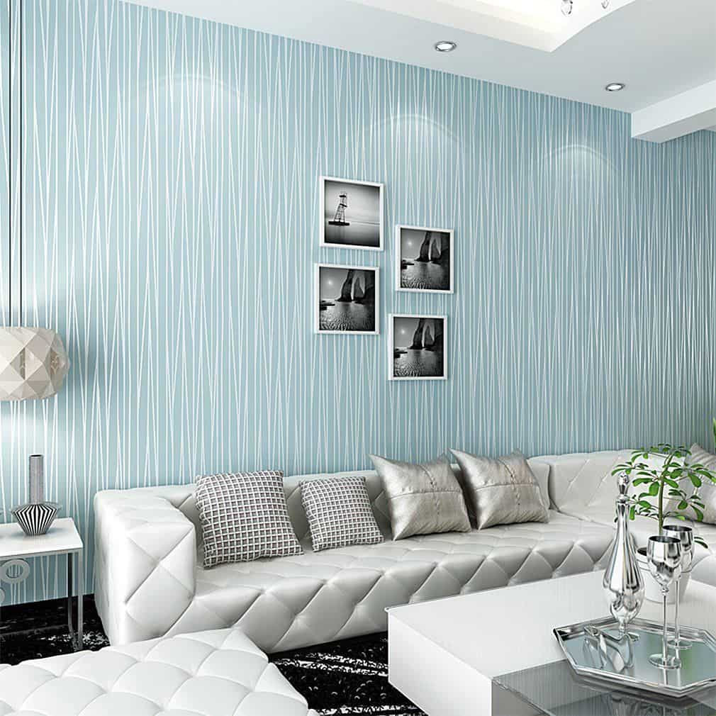 stunning blue wallpaper design pasted on the living room walls of a modern ،me