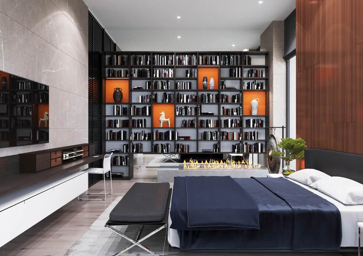 black bookshelf with orange storage blocks