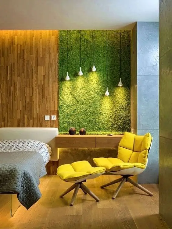 wooden panels and vertical garden for bedroom