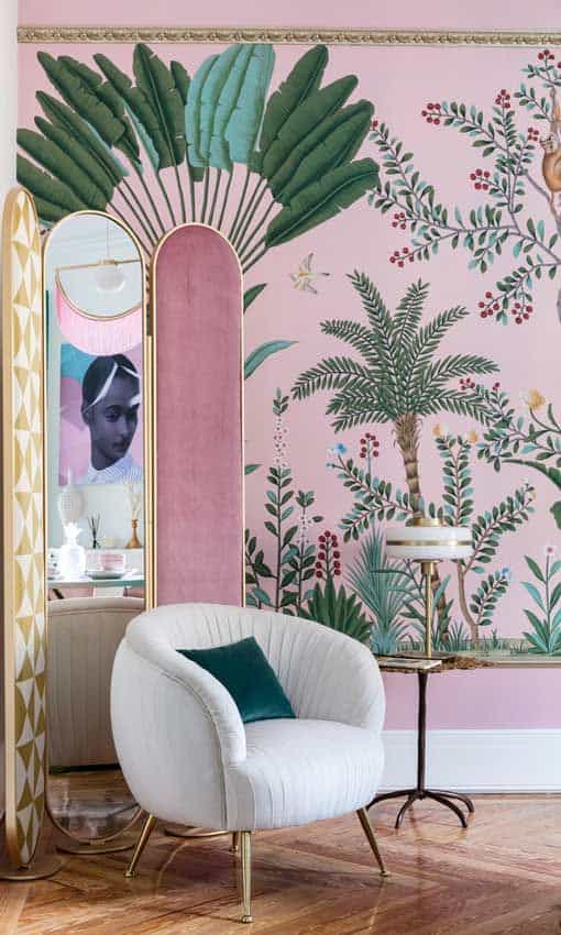 pink wallpaper with leaves and flowers for living room