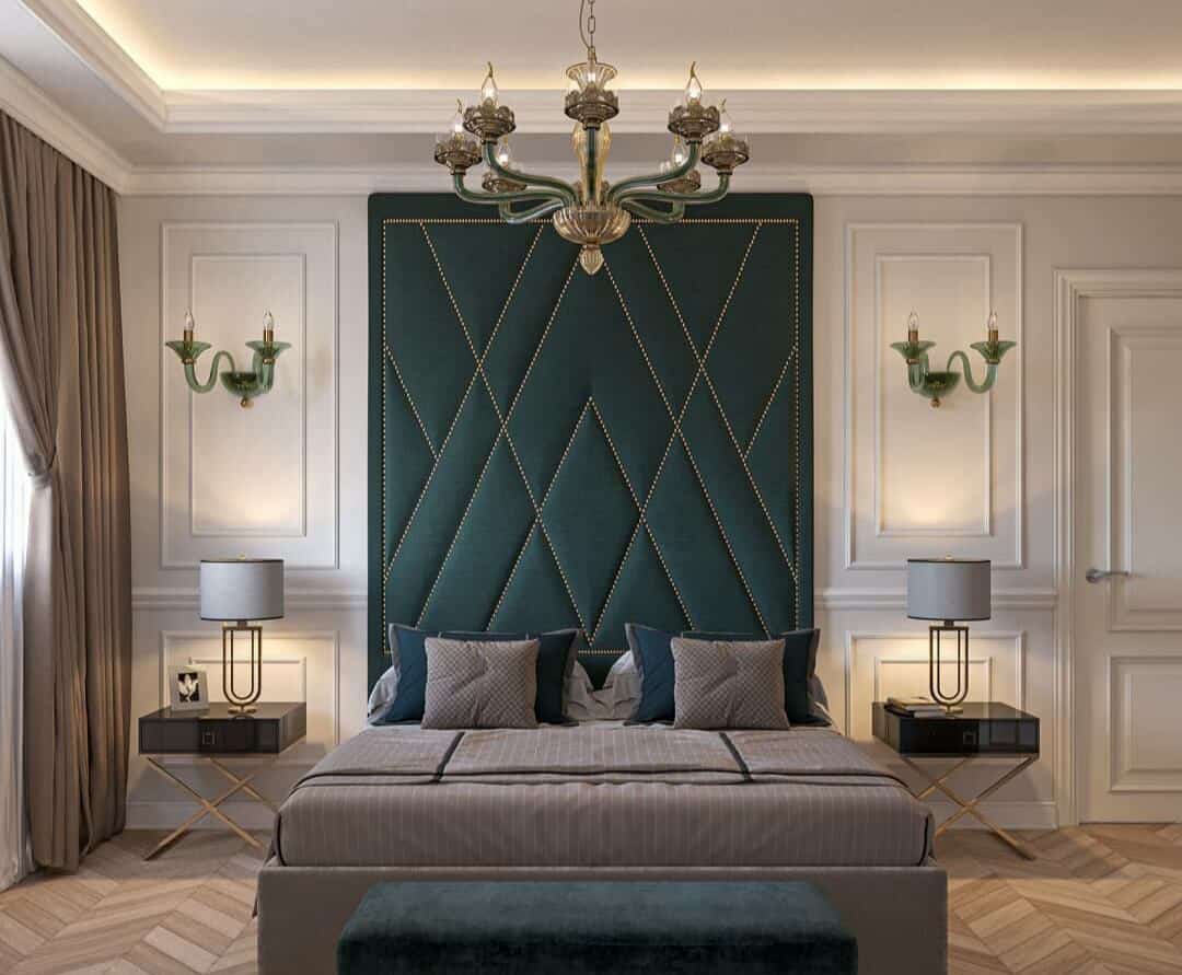 Green wall design with gold highlights, bed back wall