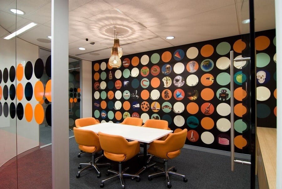 Office wall with orange and greeen patchwork