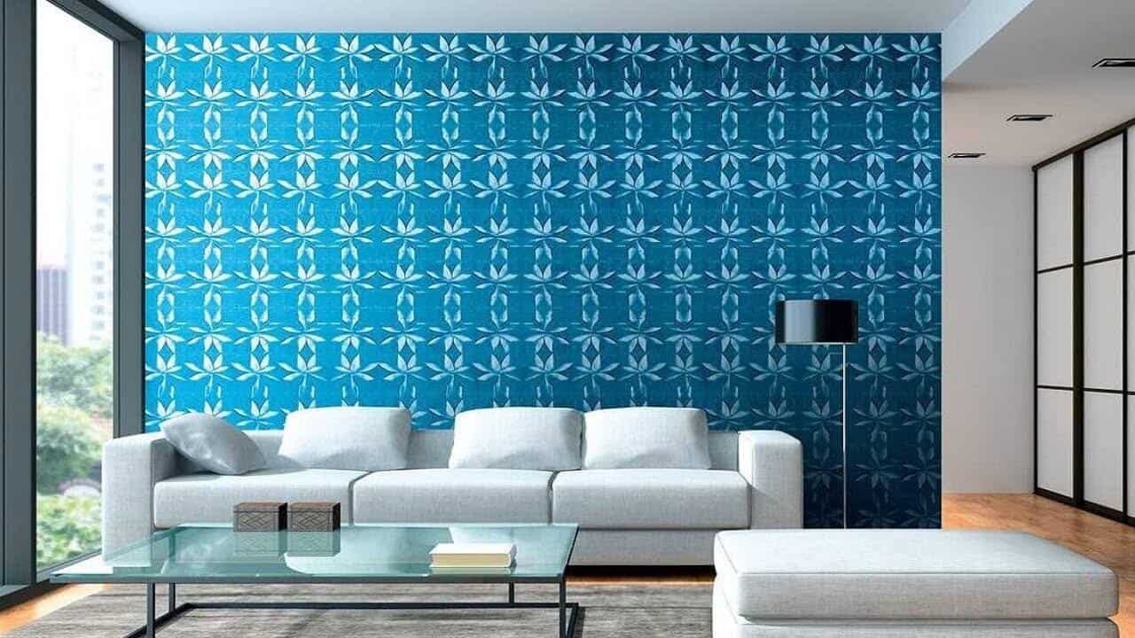 floral patterned walls with blue backdrop