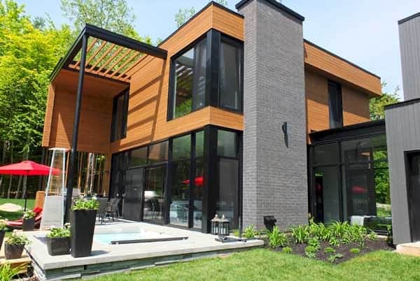 exterior wall design with wood, brick and glass