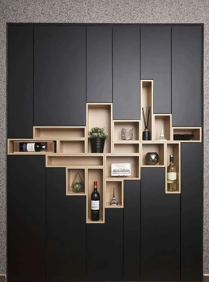 black wall design with storage space