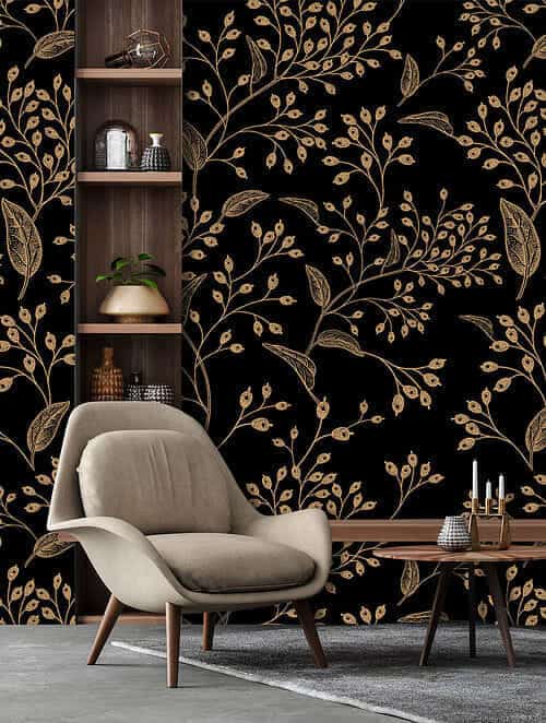 jaypore black and gold wallpaper on the walls of a modern ،me