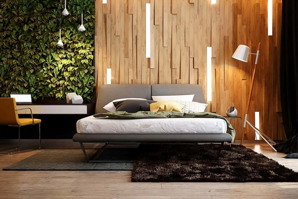 wood cladding with concealed lights for bedroom wall design