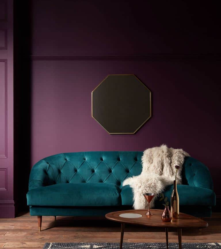 Dark rich purple color block wall paint design idea