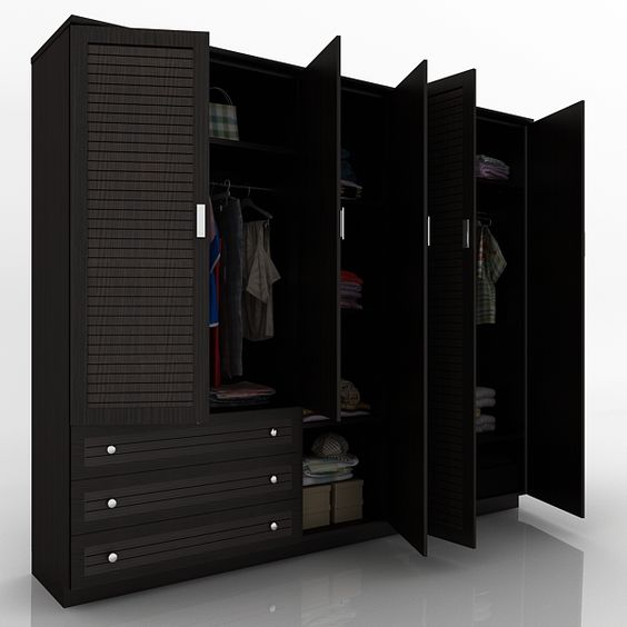 black wardrobe with 5 doors and bottom drawers