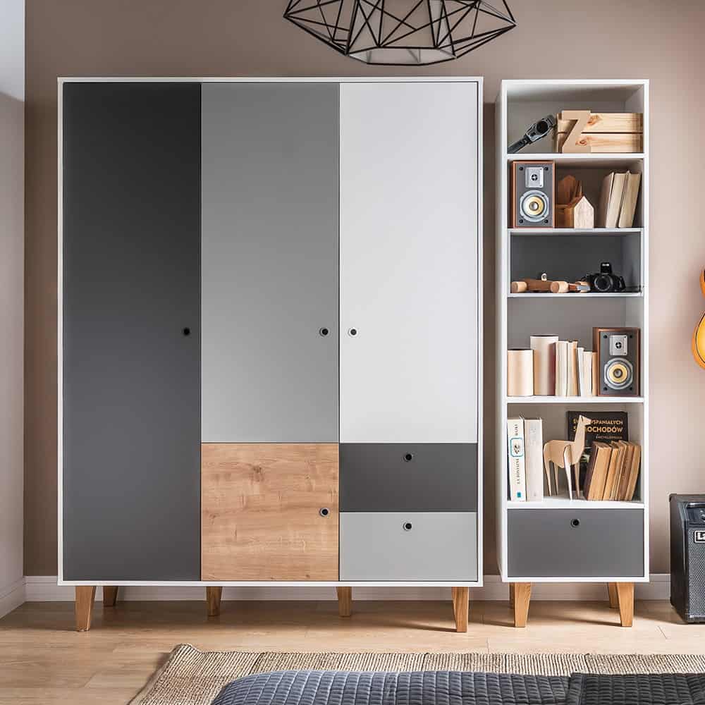 white, grey and charcoal colored triple door wardrobe design