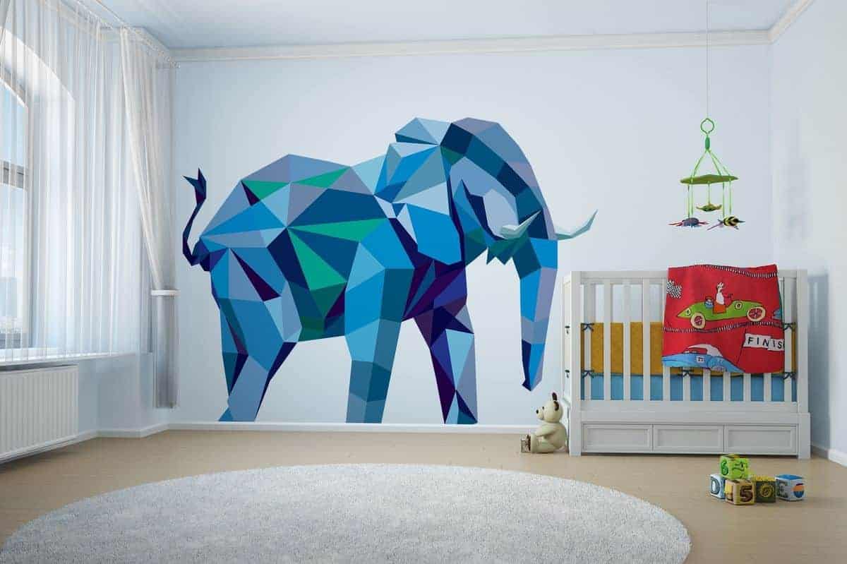 geometric wall paint design in the shape of elephant [painted with shades of blue