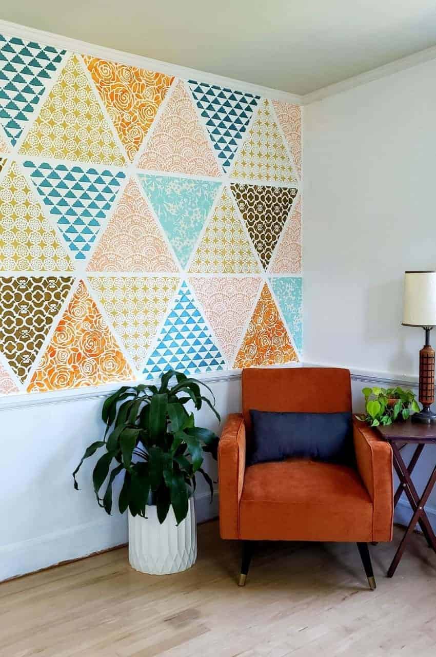 a multicolor patchwork stenciled wall