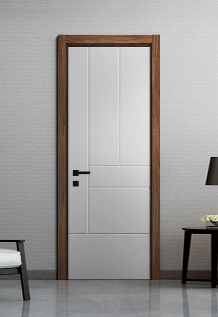 white WPC door design with brown wood frame