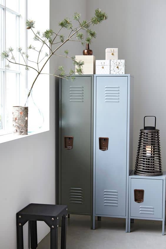 green and blue steel wardrobe with a small drawer