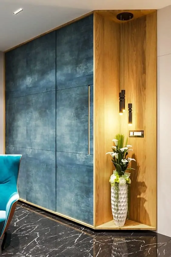 blue closet with wooden decorative corner decorated with indoor plants and lights.