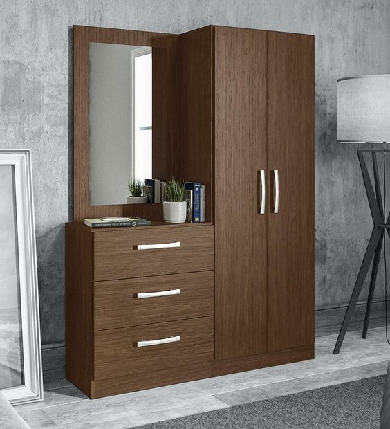 hinged wardrobe with three drawers and dressing table in wooden texture